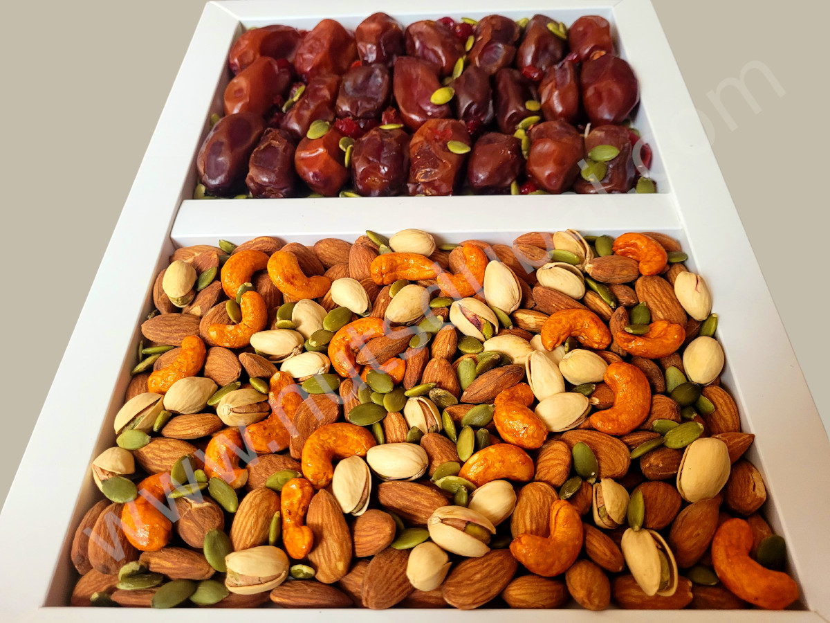 Diwali Nut Gift Boxes- Nut Mix – Roasted Almonds, Cheese Cashew Nuts, Salted Pistachios In shell, Seeds Kernels And Dates – 1 kg Box